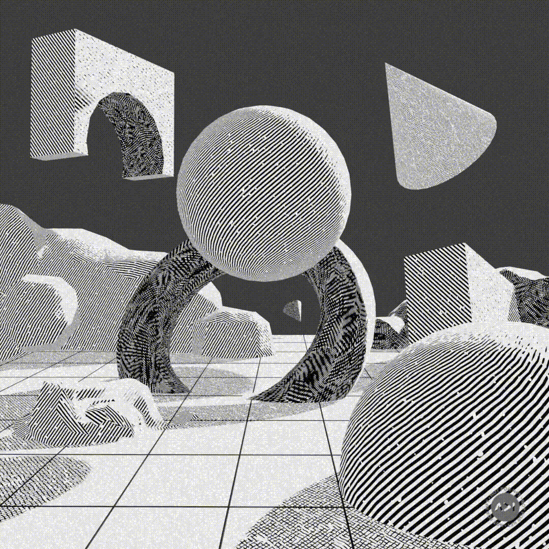 Surrealist scene of geometric solids rendered in procedural hatching shader